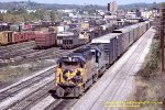 Chessie C&O GP40 4279- SD40 8053, with eastbound R396 on the B&O Keystone sub about to change crews, Connellsville, Pennsylvania. October 14, 1987. 